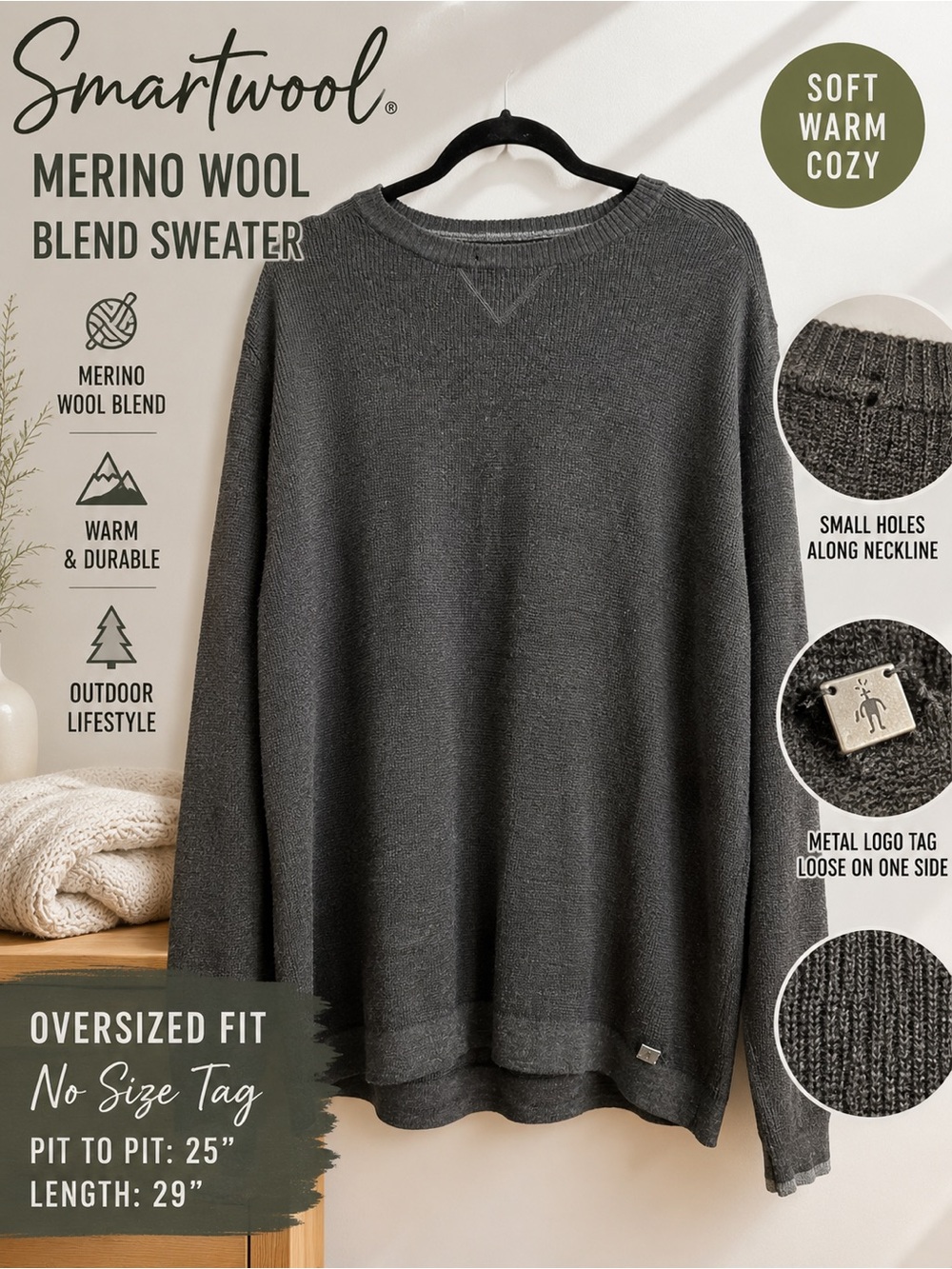 Smartwool Merino Wool Blend Charcoal Gray Crewneck Sweater Pullover FLAWED